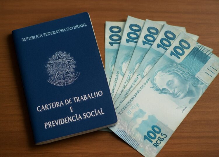 Carteira de Trabalho e Previdência Social junto a cinco notas de 100 reais.