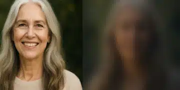 Mulher sorridente com cabelo grisalho longo em corte que alonga a silhueta do rosto, fotografada ao ar livre.