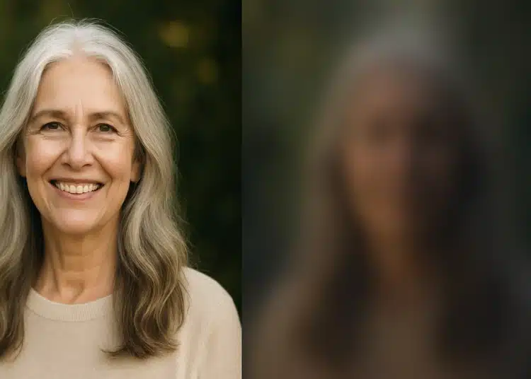 Mulher sorridente com cabelo grisalho longo em corte que alonga a silhueta do rosto, fotografada ao ar livre.