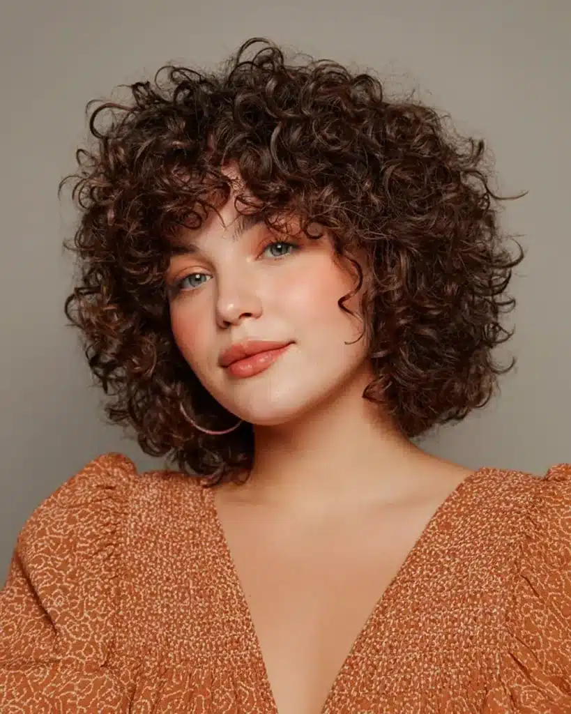 Cabelo cacheado volumoso Mulher com cabelo cacheado volumoso e definido.