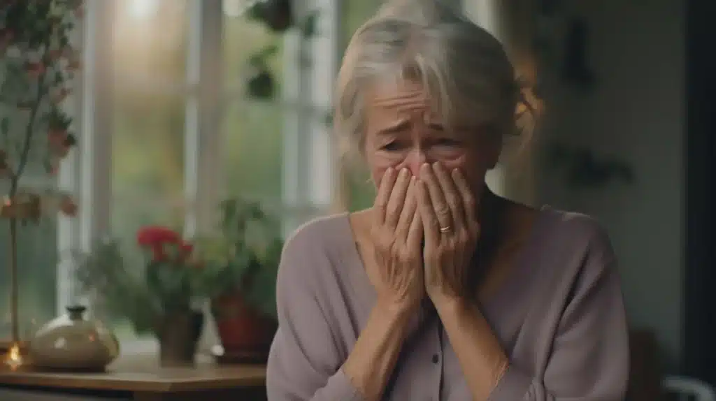 Quando o autocuidado é deixado de lado, o corpo reage Mulher idosa cobrindo o rosto com as mãos, demonstrando sofrimento emocional e exaustão por negligenciar o próprio bem-estar.