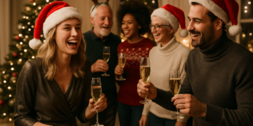 Pessoas comemorando Natal com taças e chapéus de Papai Noel.