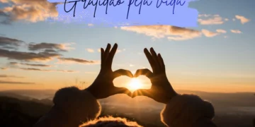 Imagem de mãos formando coração com o pôr do sol ao fundo, acompanhada da frase 'Gratidão pela vida'.