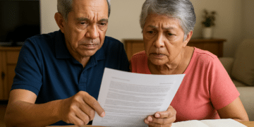 Casal de idosos lendo documentos com expressão preocupada