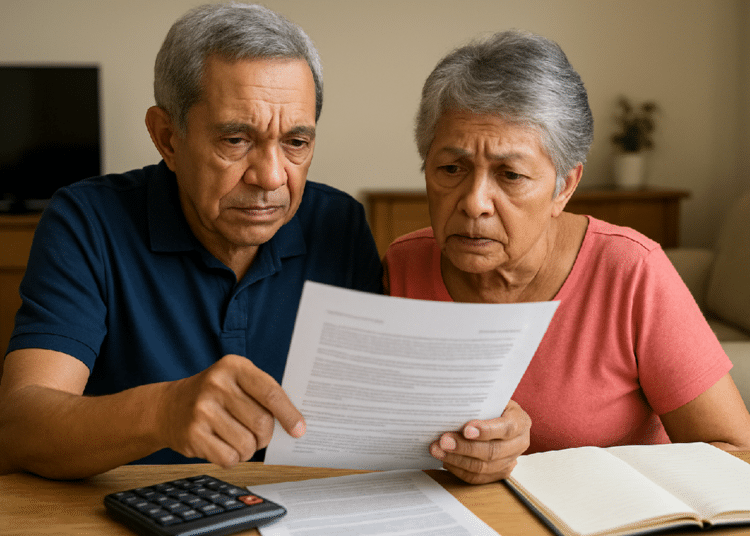 Casal de idosos lendo documentos com expressão preocupada