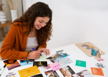 Mulher escrevendo metas em um mural de conquistas com fotos, recortes e cartões inspiradores para planejar 2026.