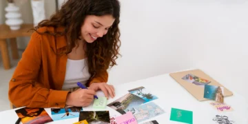 Mulher escrevendo metas em um mural de conquistas com fotos, recortes e cartões inspiradores para planejar 2026.