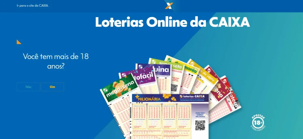 Portal Oficial das Loterias CAIXA Tela do portal oficial das Loterias CAIXA com alerta sobre apostas apenas nos canais oficiais, mostrando bilhetes de diferentes loterias.