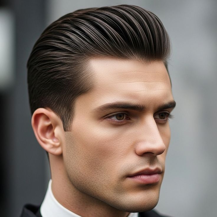 Homem com corte de cabelo Slick Back (liso para trás) e acabamento brilhante, representando o visual elegante e vintage dos anos 40 e 50.