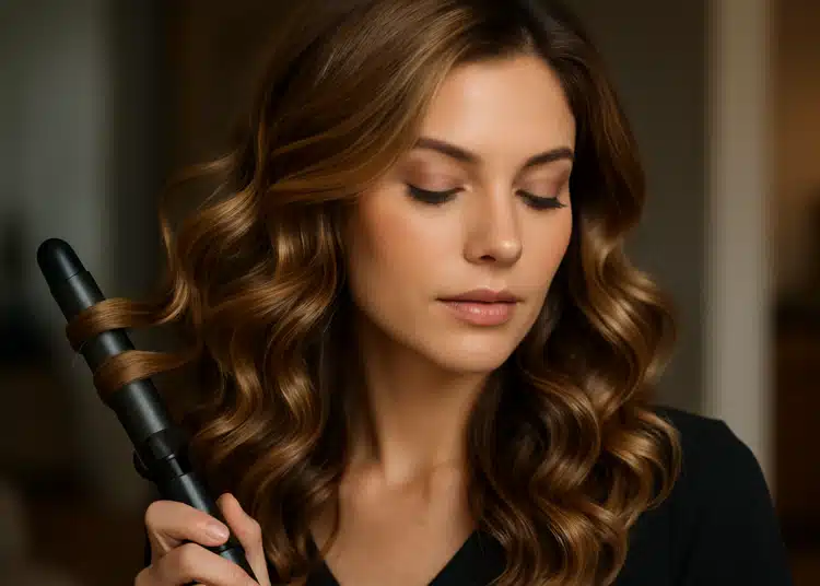 Mulher usando babyliss para criar ondas no cabelo, criando um efeito de salão de beleza em minutos