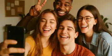 Quatro amigos sorridentes tiram uma selfie juntos em ambiente interno, demonstrando alegria.