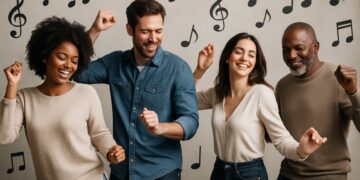 Quatro pessoas sorrindo e dançando com notas musicais ao fundo