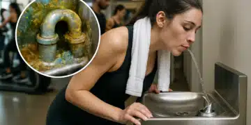 Mulher bebendo água em bebedouro de academia com destaque para cano enferrujado.