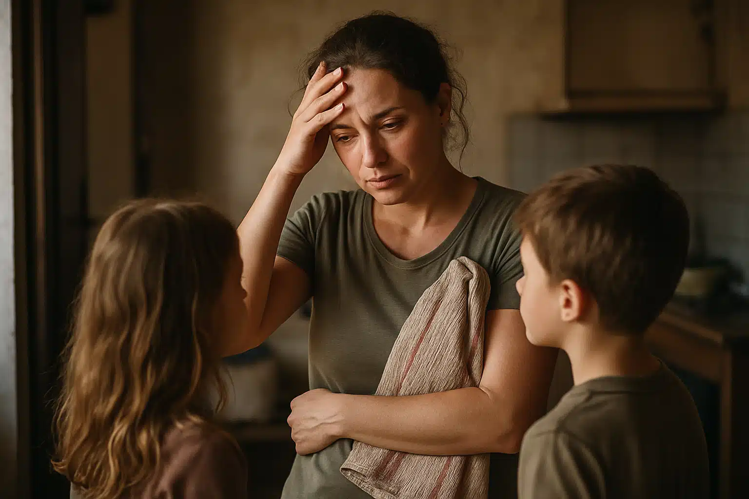 Bolsa família. Mãe preocupada conversa com filhos pequenos após Bolsa família bloqueado.
