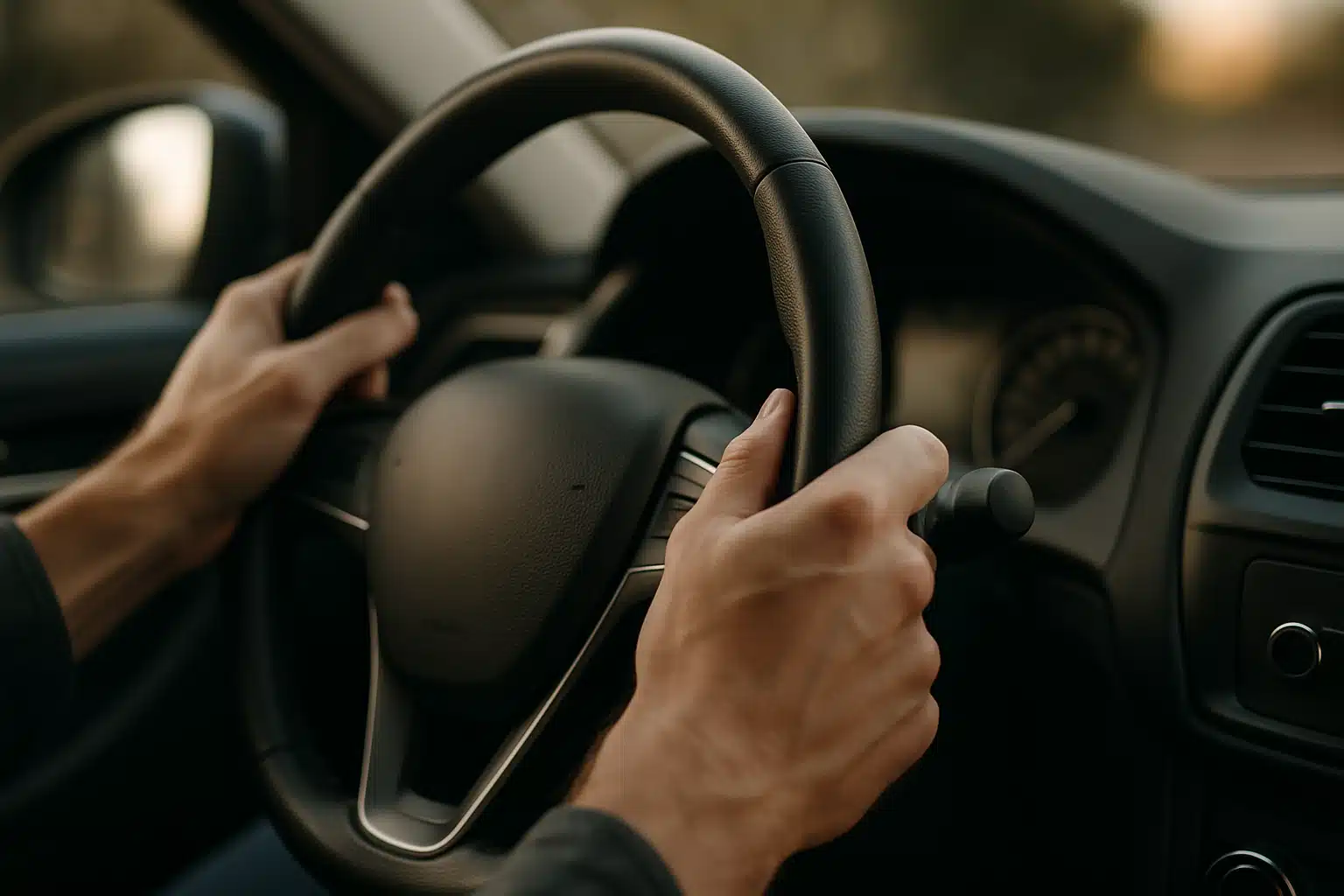 benefício do bom condutor. Pessoa segurando o volante de um carro