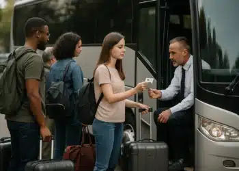 Passageiros embarcando em ônibus, apresentando documento; Novo RG será exigido em viagens.