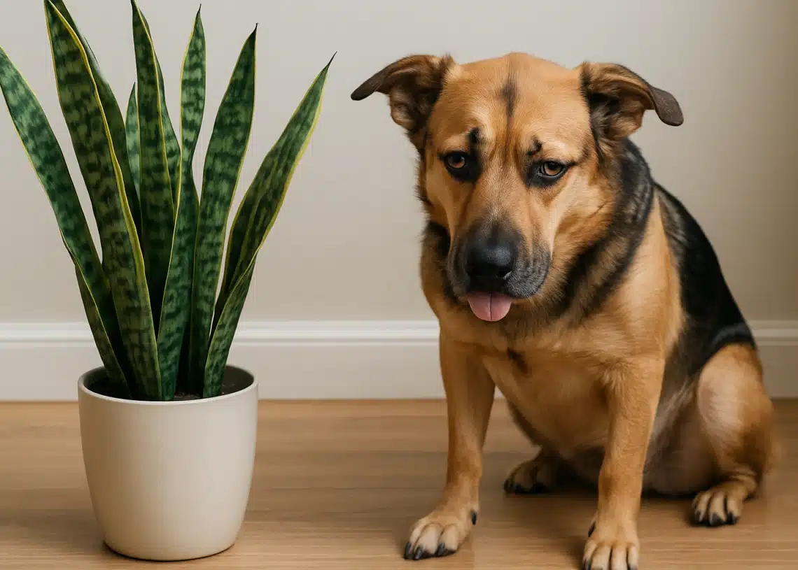 Cachorro sentado ao lado de planta espada-de-São-Jorge Cão sentado ao lado de uma planta espada-de-São-Jorge em vaso branco