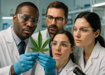 Análise científica de folha de cannabis em laboratório