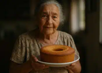 Senhora segurando um bolo simples em um prato.