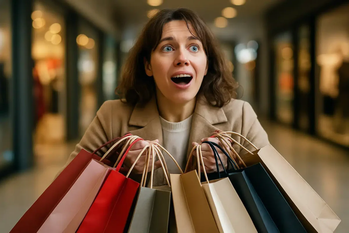 Mulher surpresa segurando várias sacolas de compras em um shopping