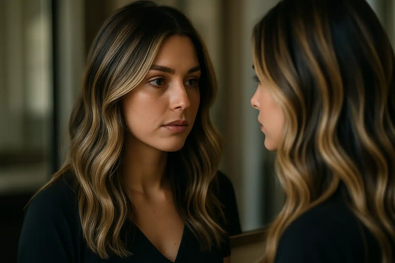 Cor de cabelo. Mulher olhando para seu reflexo no espelho.