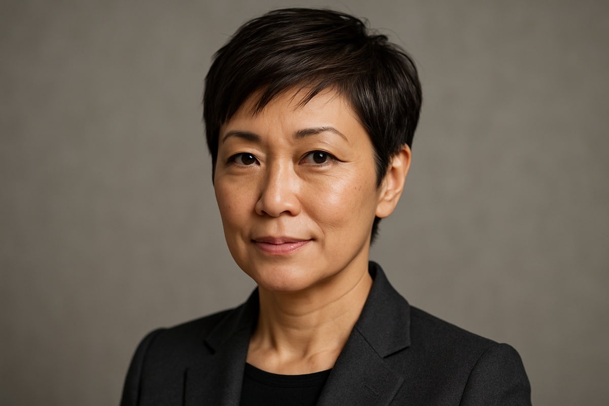 Mulher de cabelo curto e escuro com blazer preto olhando para a câmera