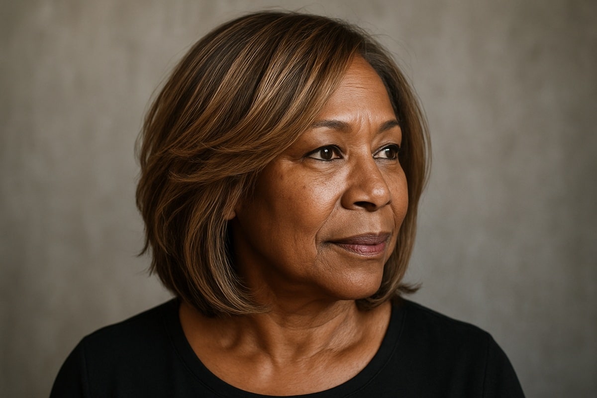 Mulher madura olhando para o lado com expressão serena e corte de cabelo long bob em camadas