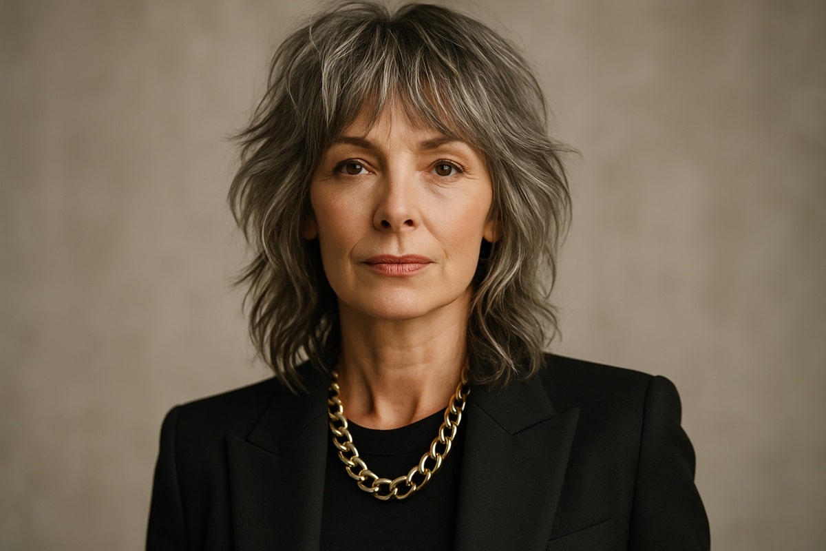 Retrato de mulher madura com estilo elegante e corte de cabelo shaggy hair