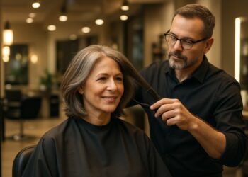 Mulher madura sendo penteada por cabeleireiro em salão