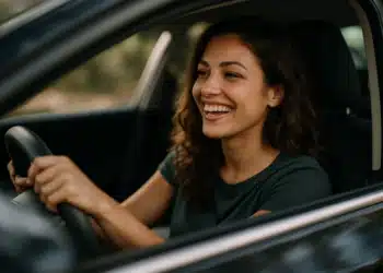 Jovem mulher sorrindo enquanto dirige um carro,