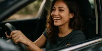 Jovem mulher sorrindo enquanto dirige um carro,