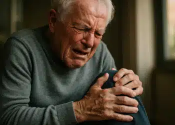 Idoso sentindo dor no joelho.