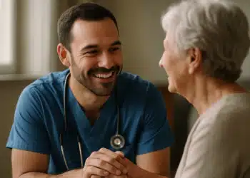 Enfermeiro sorridente atende idosa, refletindo que enfermeiros agora podem receitar antibióticos.