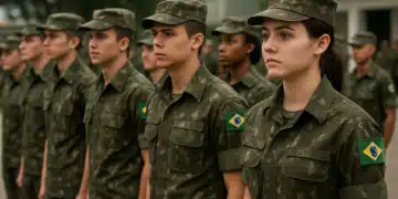 Jovens soldados brasileiros perfilados em uniforme militar.