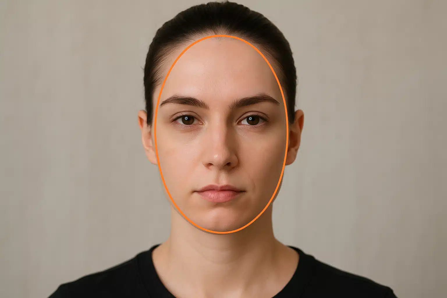 Formato do rosto. Rosto feminino com contorno oval destacado.