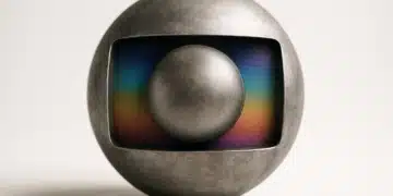 Logo em metal estilizado da Globo, símbolo do anúncio de novelas que irão reprisar em 2026.