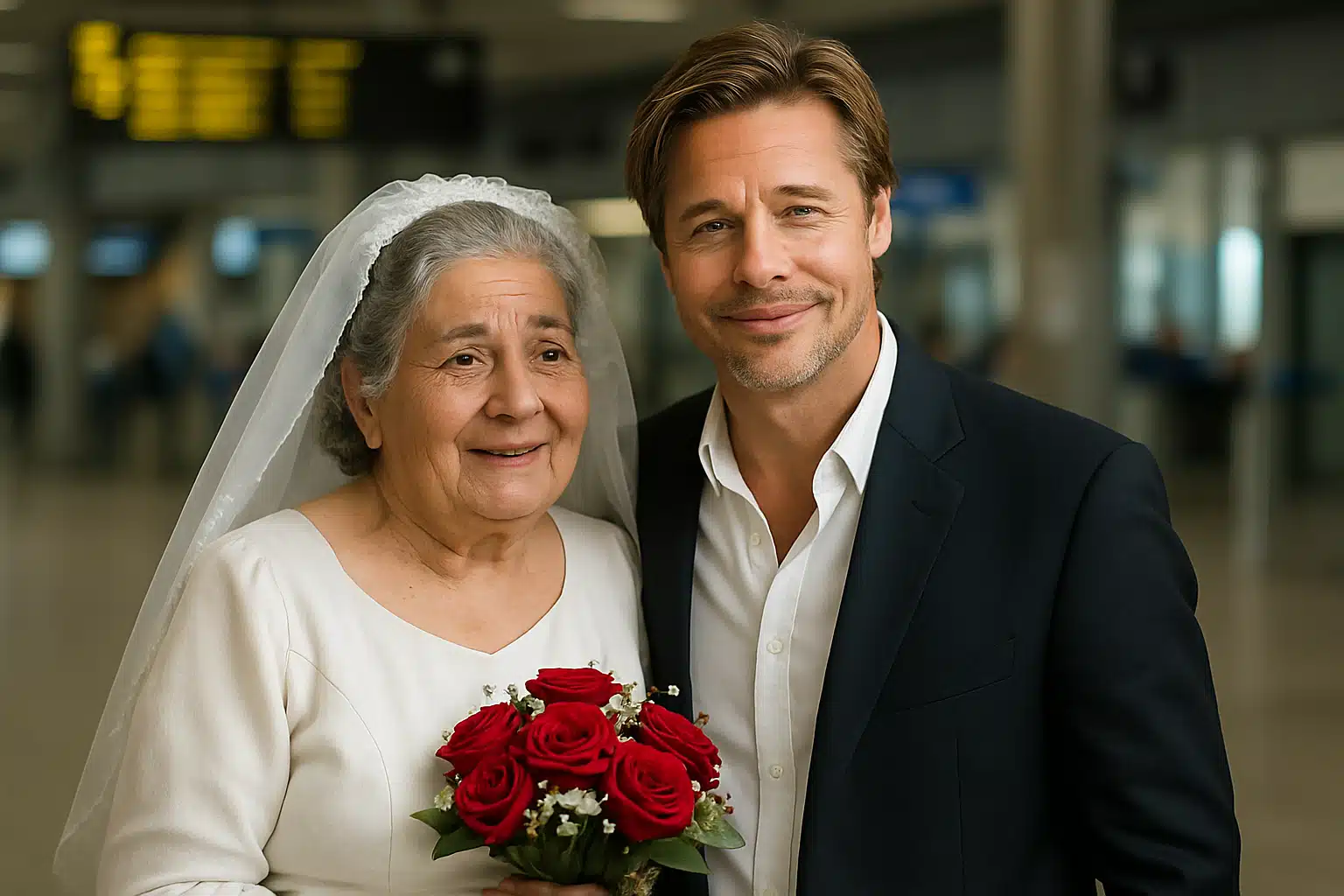 perigo ia golpe sentimental falso brad pitt Mulher idosa vestida de noiva com véu e buquê de rosas vermelhas, ao lado de um homem representando Brad Pitt vestindo paletó escuro.