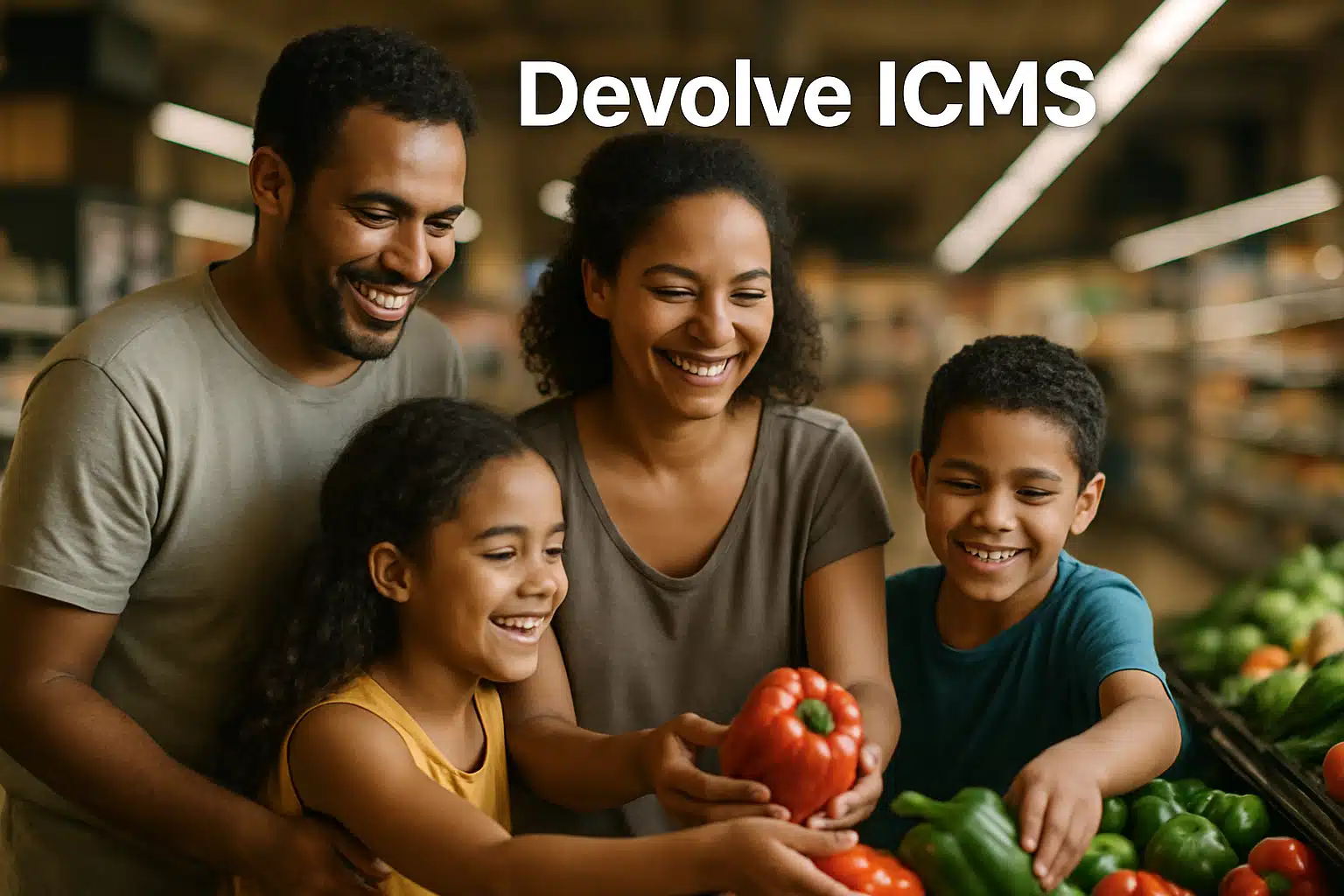 Programa Devolve ICMS. Família sorrindo enquanto escolhe pimentões em supermercado com texto 'Devolve ICMS'.