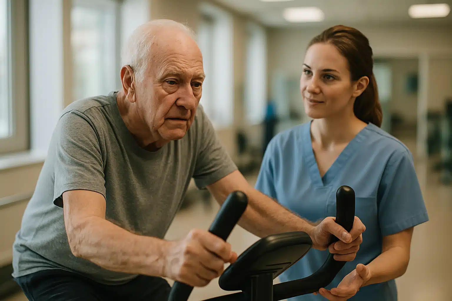 Exercícios para idosos. Idoso faz exercício com orientação para prevenir dores no joelho.