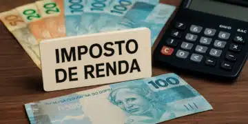 Dinheiro, calculadora e placa de Imposto de Renda sobre a mesa.
