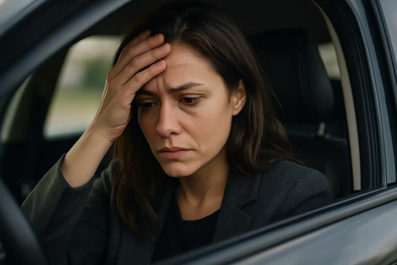 IPVA 2026. Mulher preocupada dentro do carro, refletindo consequências de não pagar o IPVA.