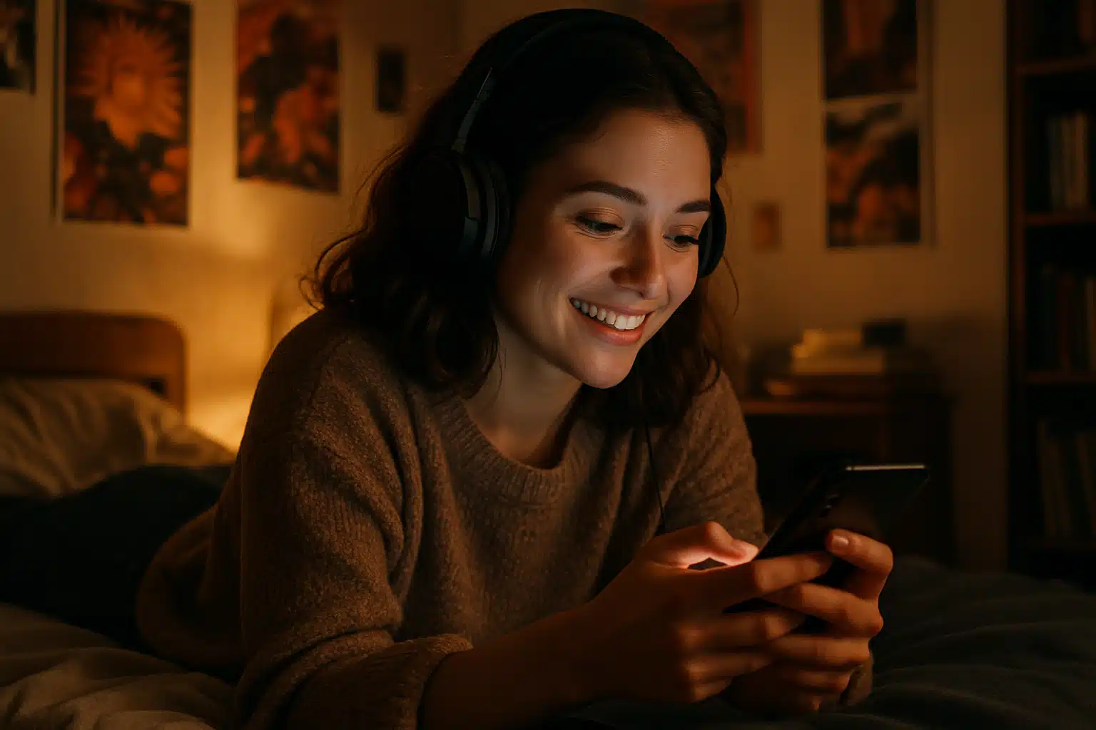 Jovem conectada. Mulher jovem sorrindo enquanto usa fones de ouvido e segura um celular deitada na cama.