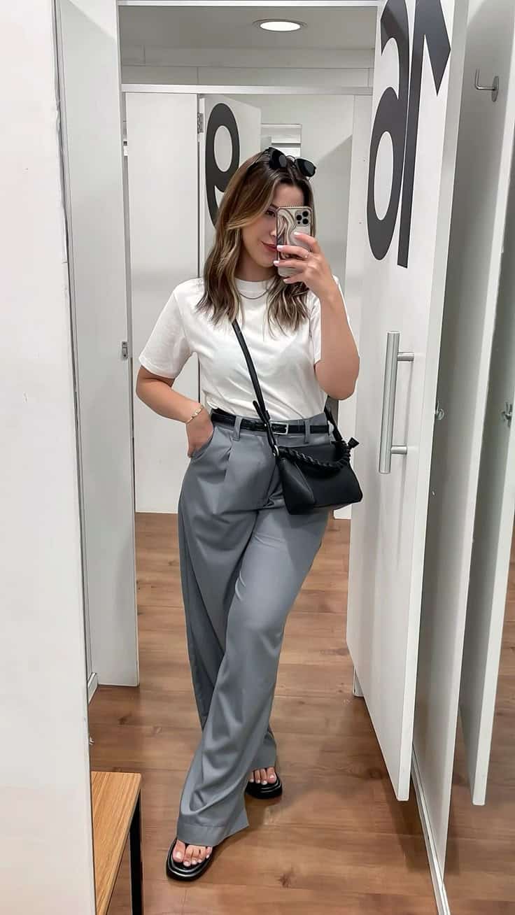 Mulher tirando foto no espelho de um provador, vestindo uma camiseta branca básica por dentro de uma calça de alfaiataria cinza de cintura alta com cinto preto, bolsa tiracolo preta e sandália de dedo preta.