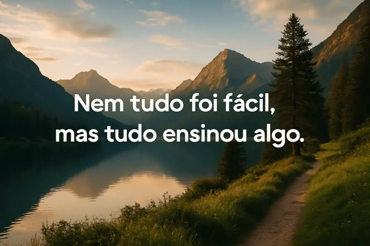 Mensagem motivacional sobre superação Paisagem de montanhas ao entardecer com lago e frase motivacional