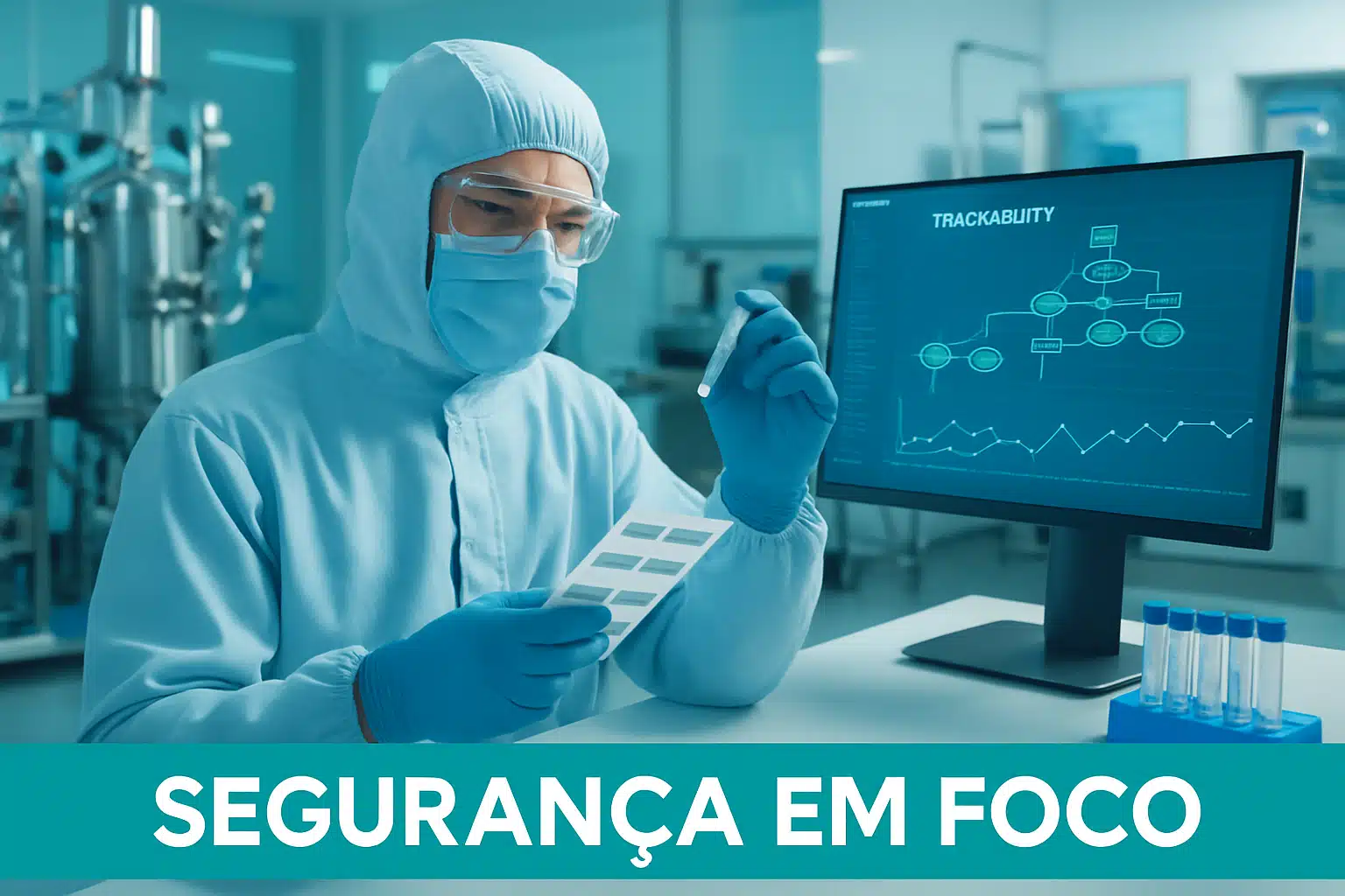 Canabidiol. Pesquisador em laboratório com roupa de proteção analisando dados