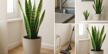 Composição de fotos mostrando planta espada-de-São-Jorge em diferentes ambientes de casa