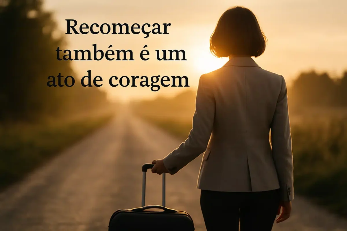 Recomeçar exige coragem Pessoa de costas com mala caminhando em uma estrada ao pôr do sol, com a frase 'Recomeçar também é um ato de coragem'