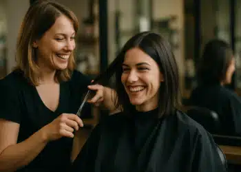 Cabeleireira sorrindo enquanto corta o cabelo de uma cliente também sorridente.