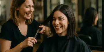 Cabeleireira sorrindo enquanto corta o cabelo de uma cliente também sorridente.