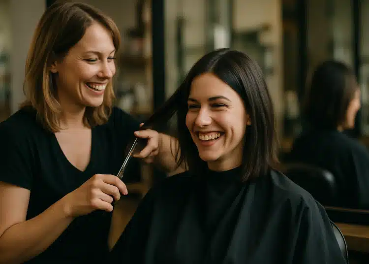 Cabeleireira sorrindo enquanto corta o cabelo de uma cliente também sorridente.